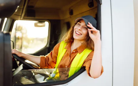 LKW-Fahrerein am Steuer eines LKW