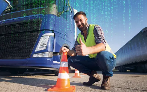 Fahrer mit Warnweste vor LKW